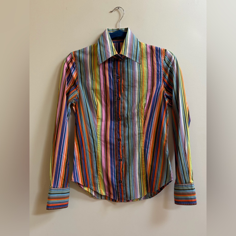 Etro Milano Italy Vintage Multicolor Striped Cotton Button Up Shirt Blouse Top